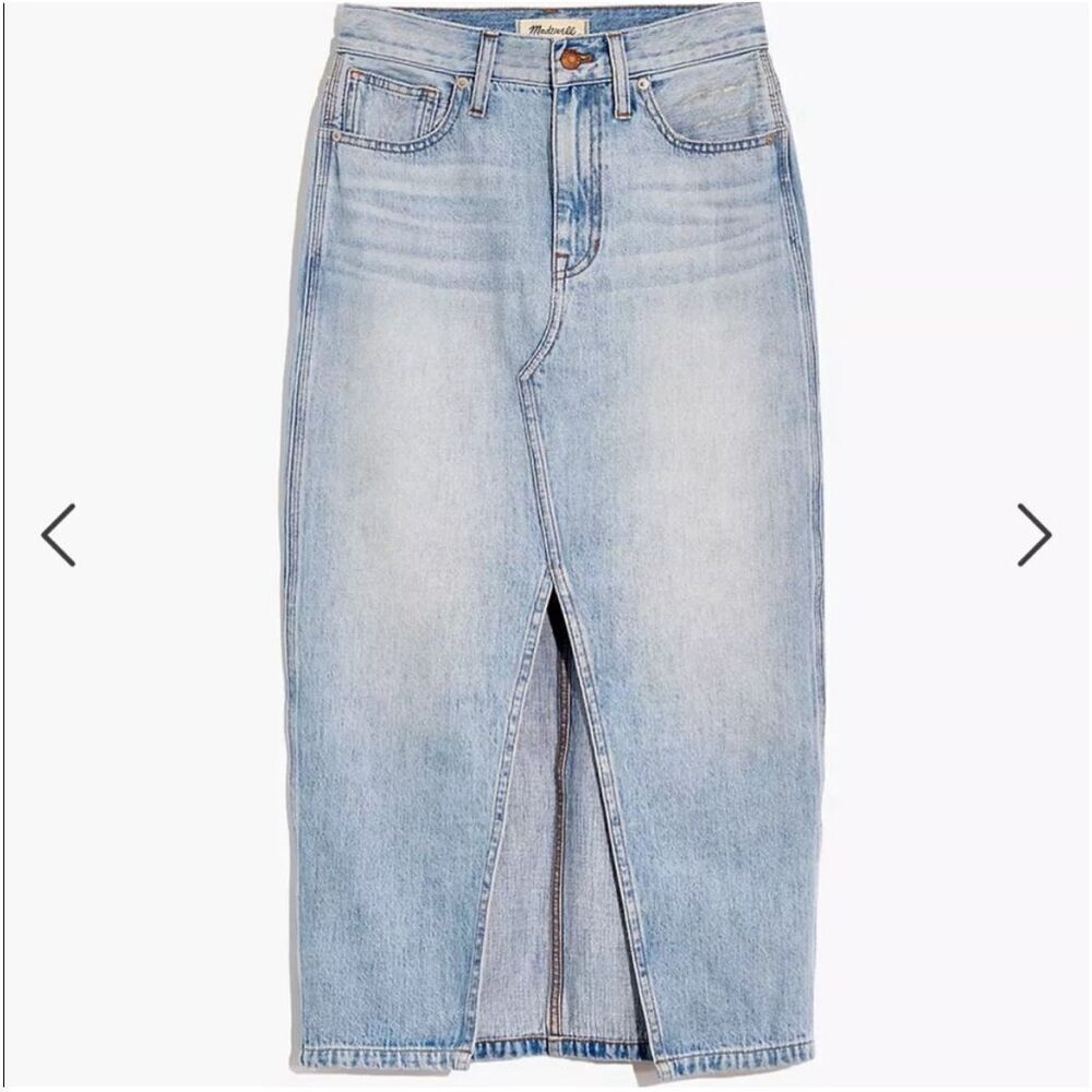 Madewell Light Wash Rigid Jean A Line Double Denim Country Cowboy Midi Skirt Siz - Picture 2 of 10